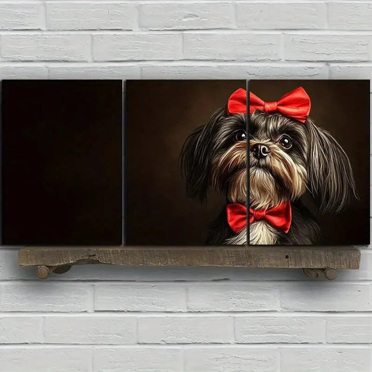 3pcs Dog Wearing a Bow Tie Red & Black Metal Print Ready to Hang Art
