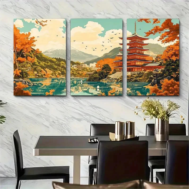 3pcs Japanese Autumn Vibrant Maple Trees Landscape Metal Print Ready to Hang Art