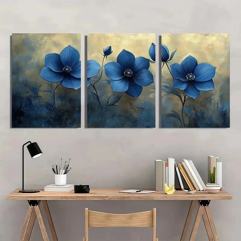 3pcs Elegant Blue Bellflower Serene Floral Metal Print Ready to Hang Art