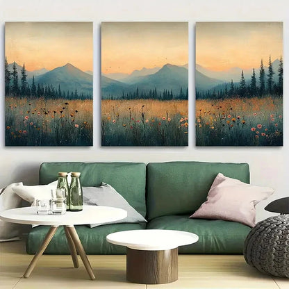 3pcs Minimalist Wildflower Meadow Mountain Metal Print Ready to Hang Art