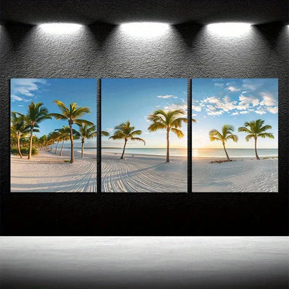 3pcs Beautiful Palm Trees on The Beautiful Beach Metal Print Ready to Hang Art