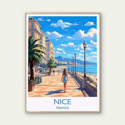 Vintage Nice France Coastal Woman Blue Dress Travel Poster Print Wall Art