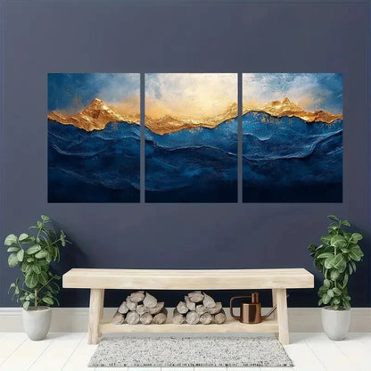 3pcs Blue and White Abstract Painting Golden Metal Print Ready to Hang Art
