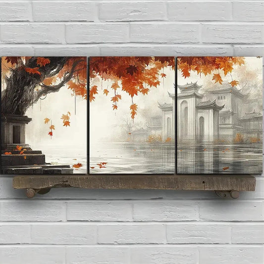 3pcs The House Next To The Red Maple Leaves Metal Print Ready to Hang Art