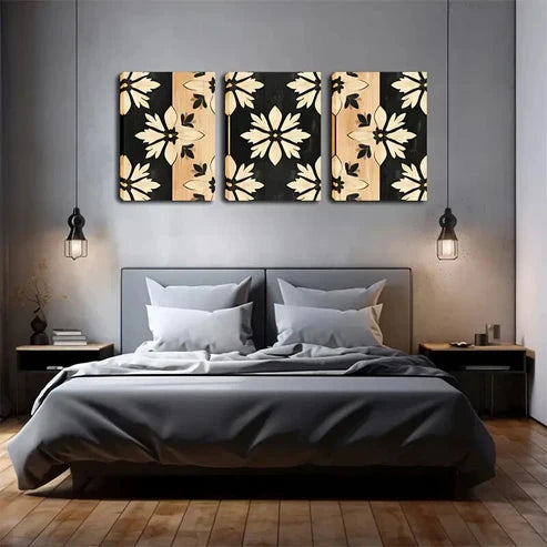 3pcs Black & Golden Floral Design Décor Perfect Wall Art Canvas Unframed - High Quality Print 100% Australian Made Wall Canvas