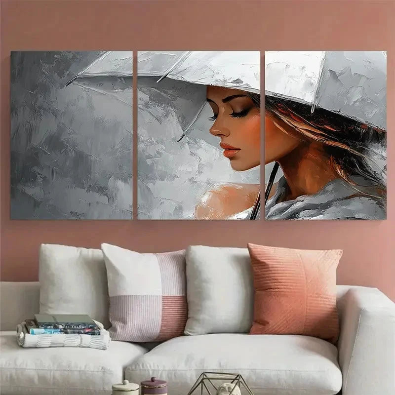 3pcs Elegant Woman with White Umbrella Modern Metal Print Ready to Hang Art
