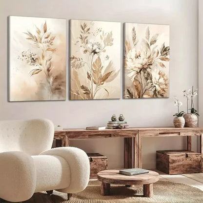 3pcs Neutral Flowers Wildflowers Flowers Plants Canvas Framed 60x90 cm - High Quality Print 100% Australian Made Wall Canvas Ready to Hang