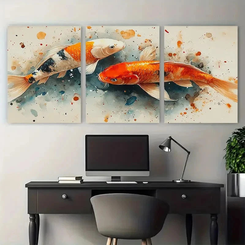 3pcs Koi Carp Fish Elegant Swimming Design Metal Print Ready to Hang Art