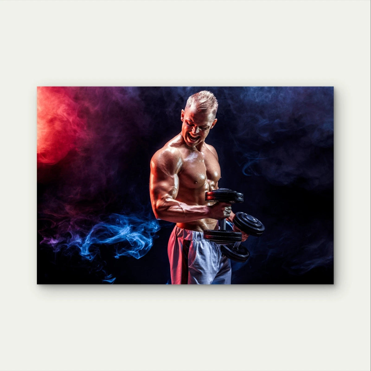 Muscular Athlete Curling Dumbbells 5mm Plastic Poster Ready to Hang 90x60cm
