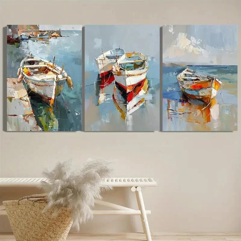 3pcs Abstract Color Sailboat Oil Painting Metal Print Ready to Hang Art