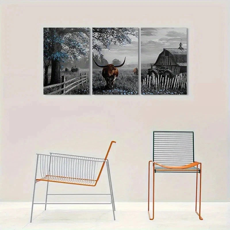 3pcs Rustic Farm Scene Longhorn Cow Barn Metal Print Ready to Hang Art