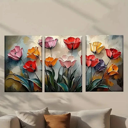 3pcs Colorful Tulip Flowers Painting Wall Art Set Canvas Framed 50x70cm - High Quality Print 100% Australian Made Wall Canvas Ready to Hang