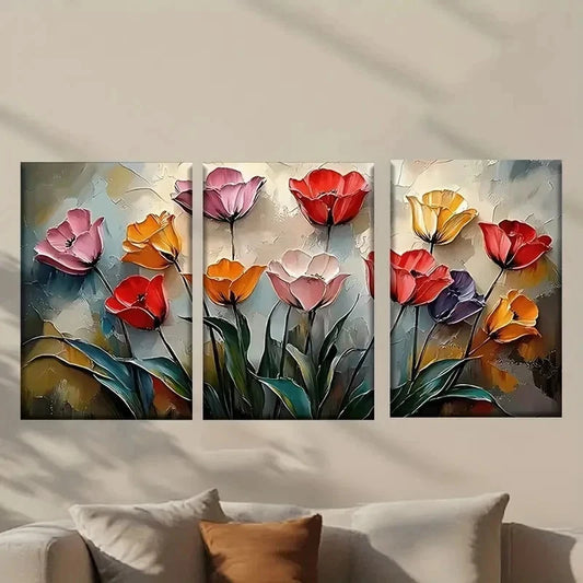 3pcs Colorful Tulip Flowers Painting Wall Art Set Canvas Framed 50x70cm - High Quality Print 100% Australian Made Wall Canvas Ready to Hang