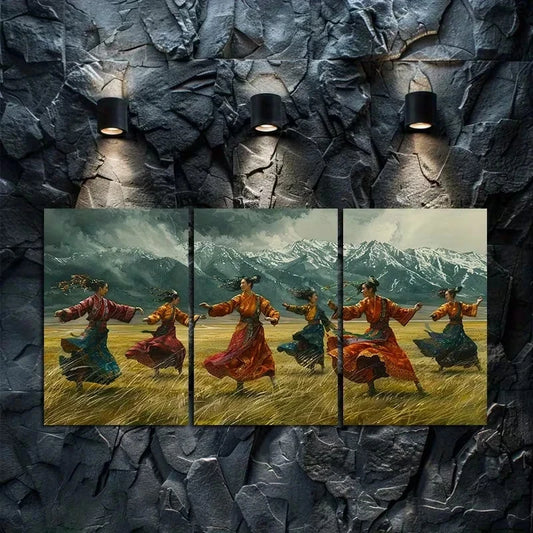 3pcs Traditional Dancers Ethnic Costume Scene Metal Print Ready to Hang Art