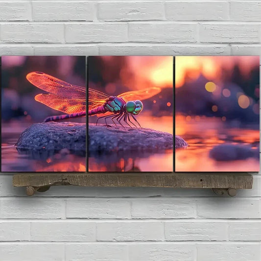 3pcs Dragonflies on the Stone Metal Print Ready to Hang Art