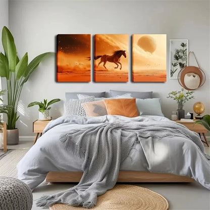 3pcs Horse Running on a Summer Themed Landscape Wall Art Set Canvas Framed 40x60cm - High Quality Print 100% Australian Made Wall Canvas Ready to Hang
