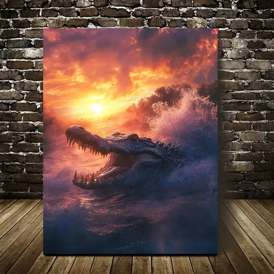 Dramatic Glowing Sky & Waves Crocodile Painting 40x60cm Metal Print Ready to Hang