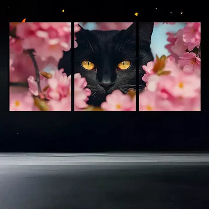 3pcs Black Cat with Amber Eyes Triptych Canvas Framed 60x90cm - High Quality Print 100% Australian Made Wall Canvas Ready to Hang
