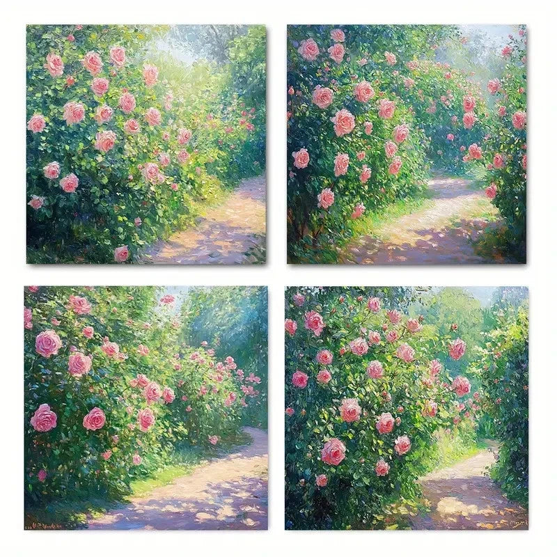 4pcsBlooming Rose Garden Wall Art Canvas Framed
