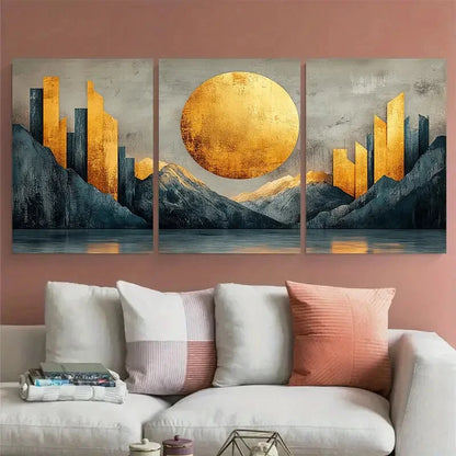 3pcs Beige Grey Golden Abstract Shapes Minimalist Metal Print Ready to Hang Art