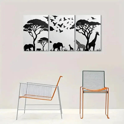 3pcs African Safari Animal Silhouette Black White Metal Print Ready to Hang Art