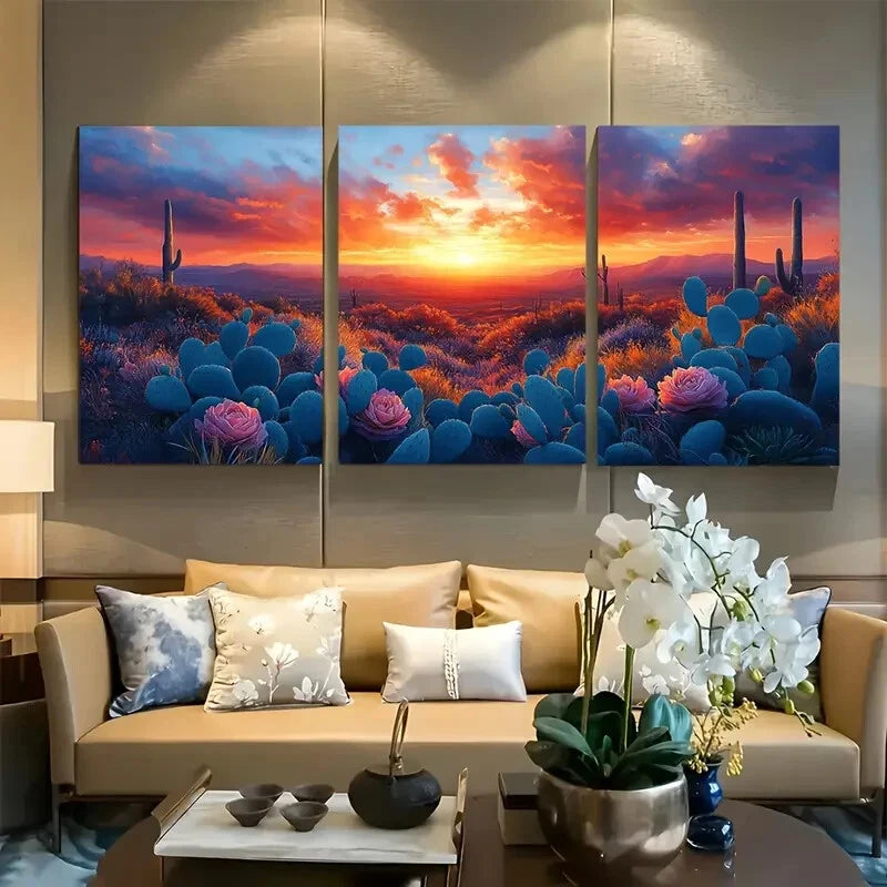 3pcs Desert Sunrise Agave Colorful Cactus Metal Print Ready to Hang Art