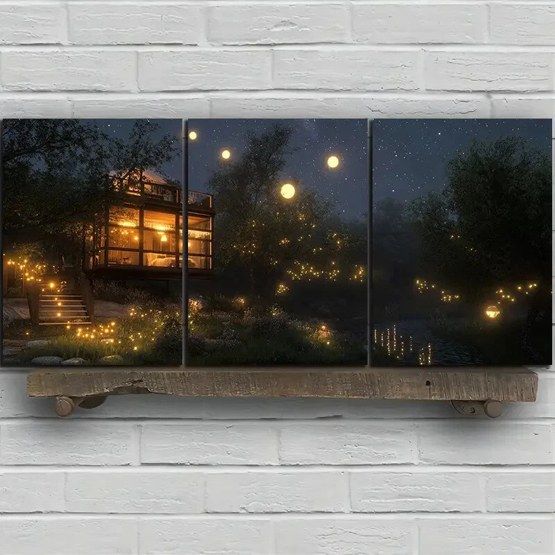 3pcs Serene Forest & Moonlit Sky Design Metal Print Ready to Hang Art
