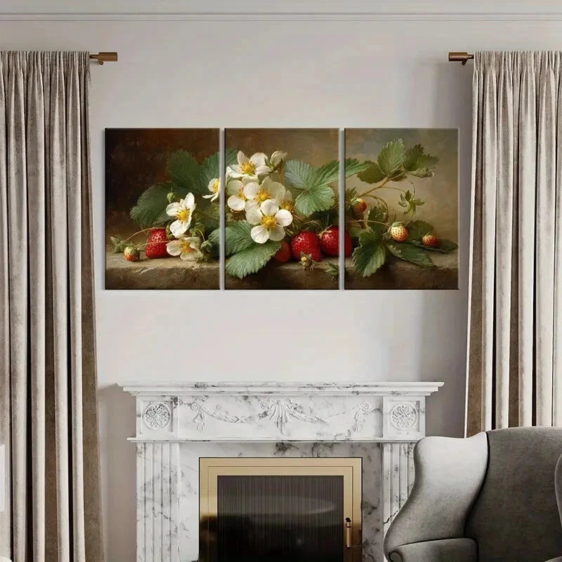 3pcs Strawberry Blossoms & White Flowers Metal Print Ready to Hang Art