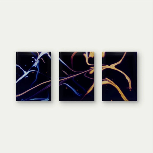 3pcs Blue and Gold Neon Swirl Dark Abstract Wall Art Set Canvas Framed 50x70cm - High Quality Print 100% Australian Made Wall Canvas Ready to Hang