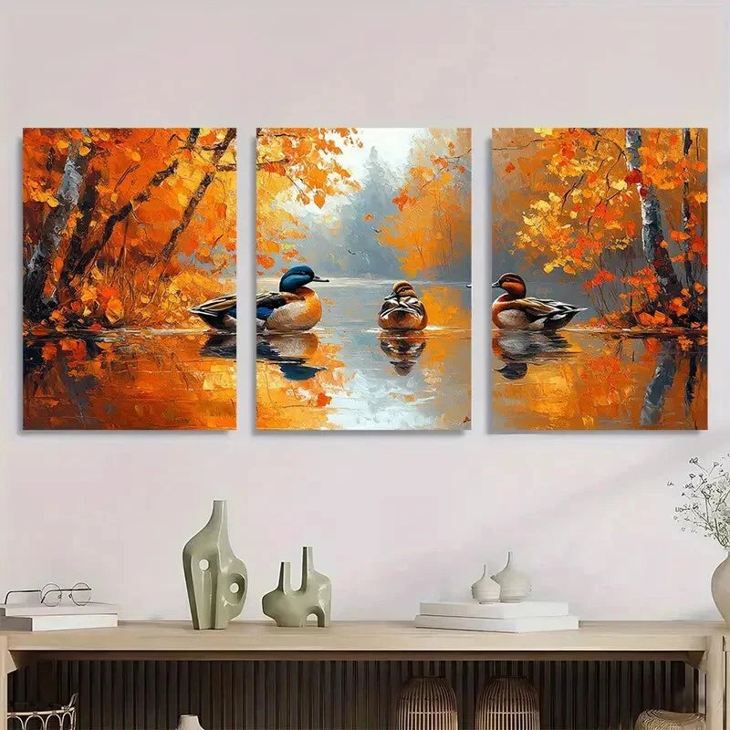 3pcs Ducks Autumn Vibrant Orange & Brown Forest Metal Print Ready to Hang Art