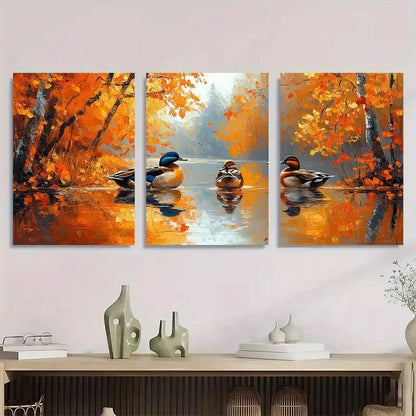 3pcs Ducks Autumn Vibrant Orange & Brown Forest Metal Print Ready to Hang Art