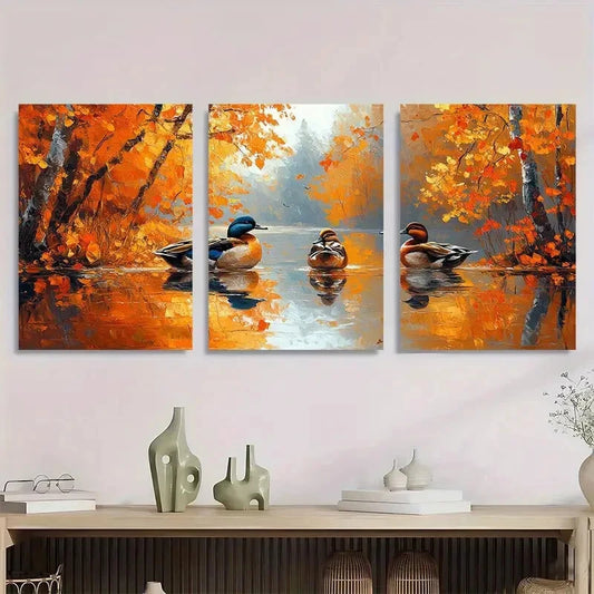 3pcs Ducks Autumn Vibrant Orange & Brown Forest Metal Print Ready to Hang Art