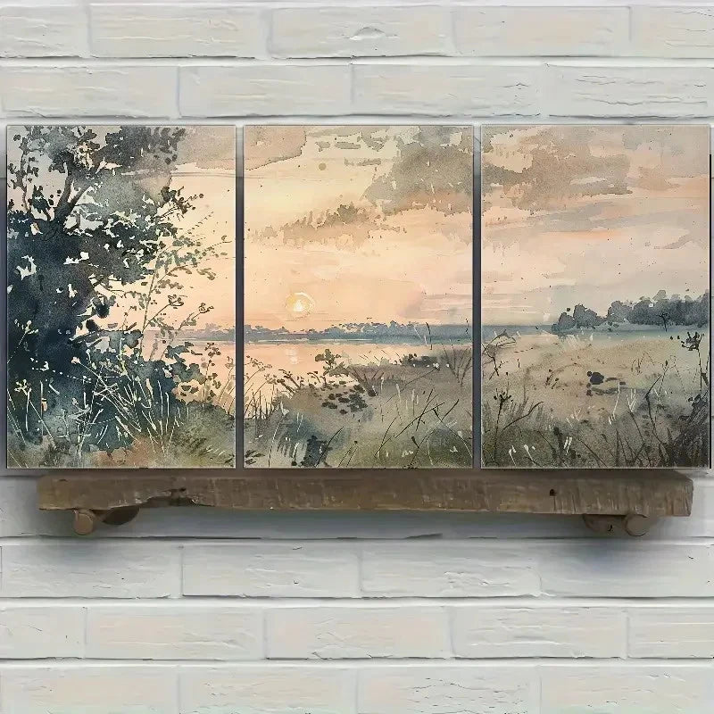3pcs Retro Style Spring Landscape Painting Metal Print Ready to Hang Art