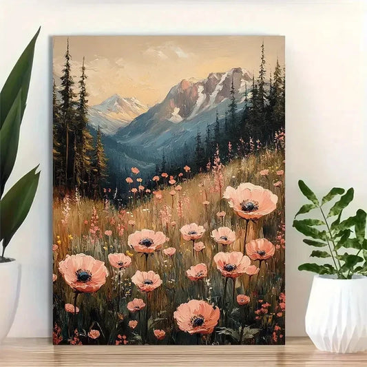 Beautiful Pink Wildflower Meadow Painting 40x60cm Metal Print Ready to Hang
