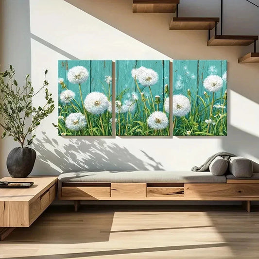 3pcs Dandelion Field White Fluff Turquoise Metal Print Ready to Hang Art