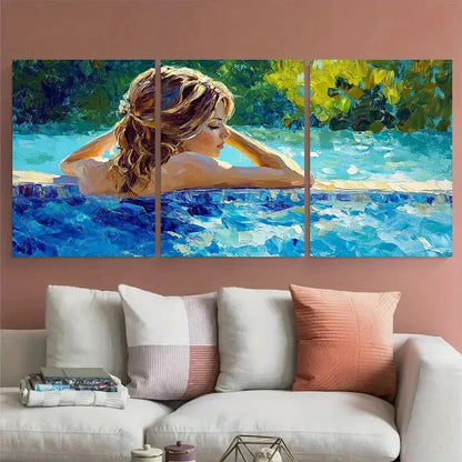 3pcs Woman by Pool Relaxing Summer Tranquility Wall Art Set Canvas Framed 60x90cm - High Quality Print 100% Australian Made Wall Canvas Ready to Hang
