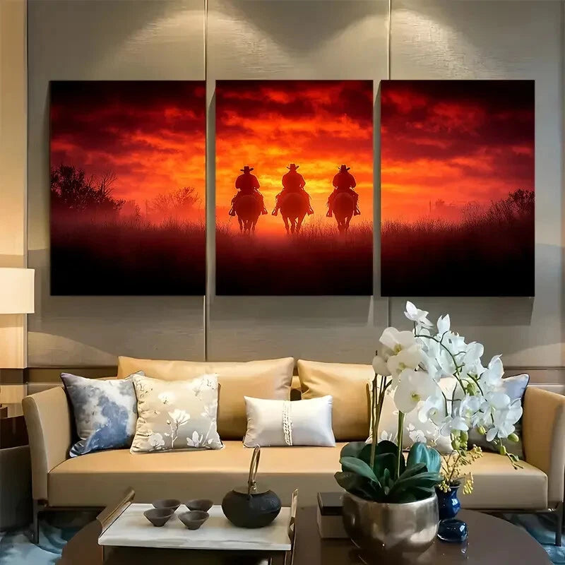 3pcs Cowboys Riding into the Sunset Metal Print Ready to Hang Art
