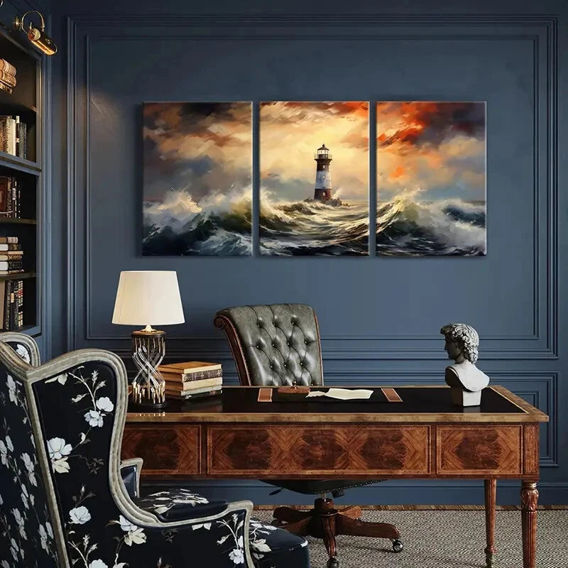 3pcs Lighthouse Stormy Sea Sunset Sky Poster Metal Print Ready to Hang Art