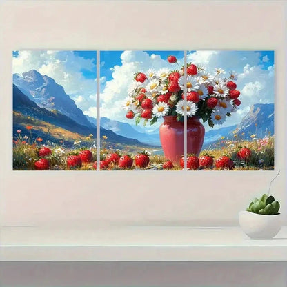 3pcs Floral and Strawberry Vase Design Metal Print Ready to Hang Art