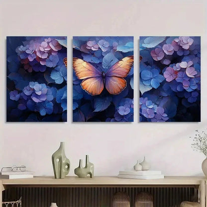 3pcs Vibrant Purple Hydrangea & Butterfly Metal Print Ready to Hang Art