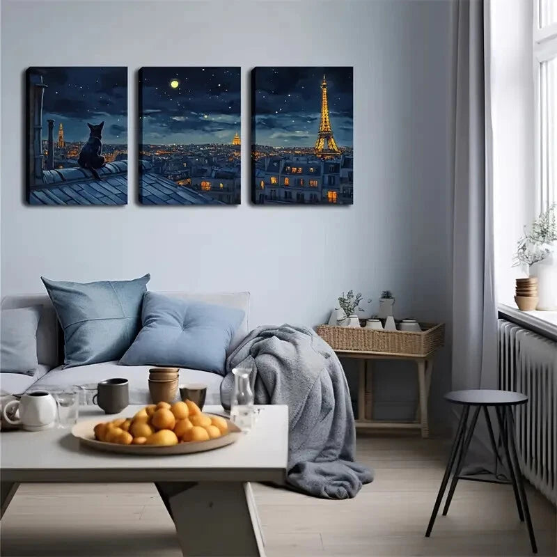 3pcs Eiffel Tower & Starry Night Décor Perfect Wall Art Set Canvas Framed 40x60cm - High Quality Print 100% Australian Made Wall Canvas Ready to Hang