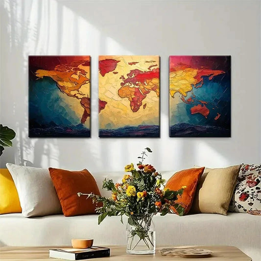 3pcs Geometric World Map Abstract Colorful Metal Print Ready to Hang Art