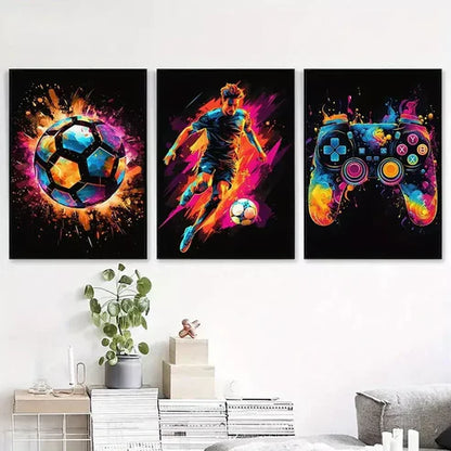 3pcs Abstract Soccer Player Modern Art Canvas Framed 60x90 cm - High Quality Print 100% Australian Made Wall Canvas Ready to Hang