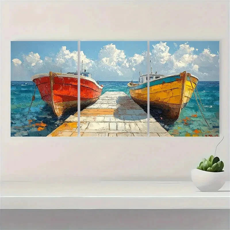 3pcs Coastal Boat Paintings - Oil Impasto Artwork Metal Print Ready to Hang Art