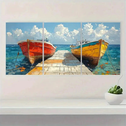 3pcs Coastal Boat Paintings - Oil Impasto Artwork Metal Print Ready to Hang Art