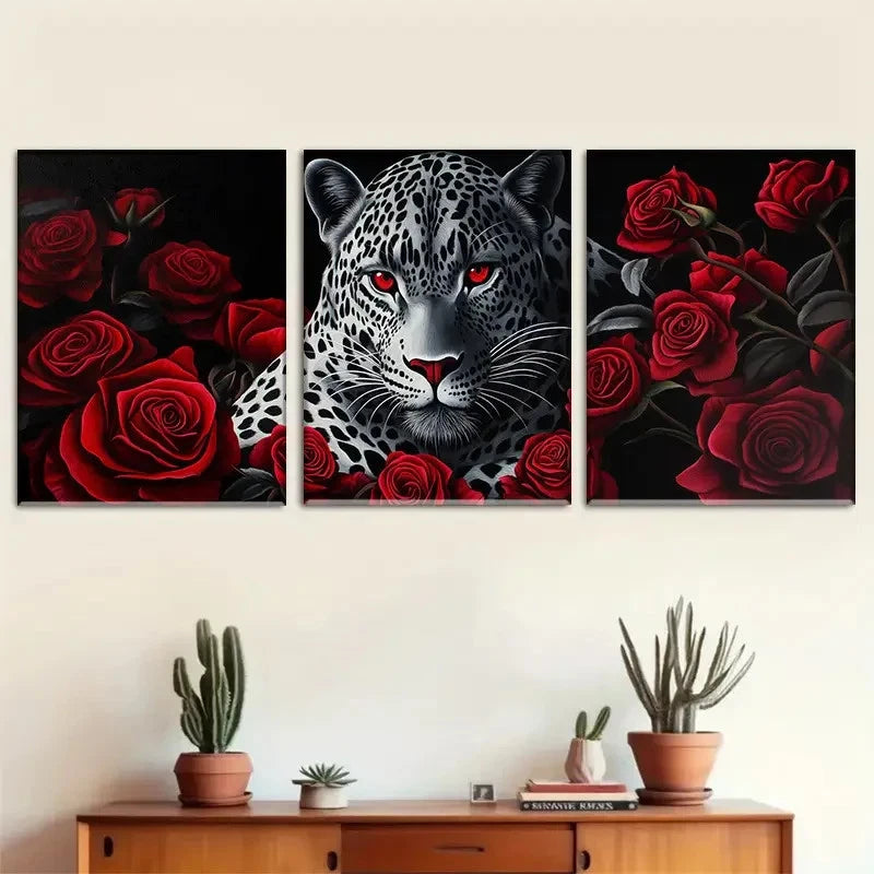 3pcs Majestic Vibrant Leopard and Red Rose Metal Print Ready to Hang Art
