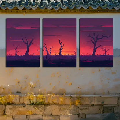 3pcs Purple Forest Sunset Illustration Metal Print Ready to Hang Art