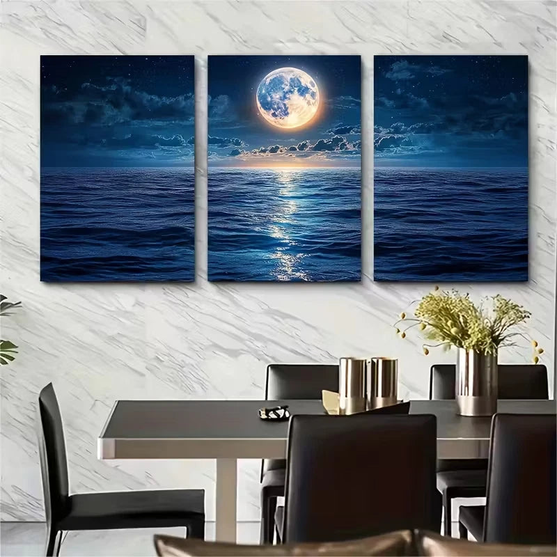 3pcs Full Moon Ocean Reflection Metal Print Ready to Hang Art