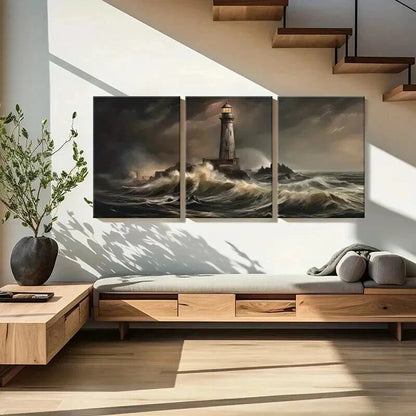 3pcs Stormy Sea Waves Lighthouse Beacon Wall Art Set Canvas Framed 40x60cm - High Quality Print 100% Australian Made Wall Canvas Ready to Hang