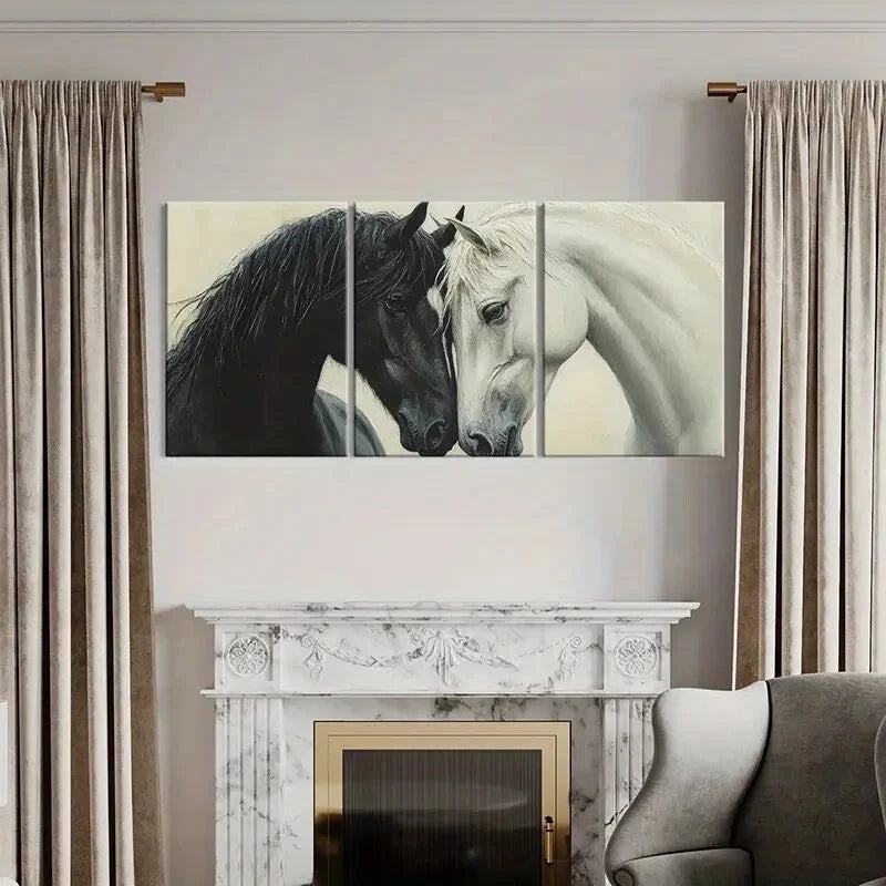 3pcs Elegant Black White Horses Artwork Painting Metal Print Ready to Hang Art